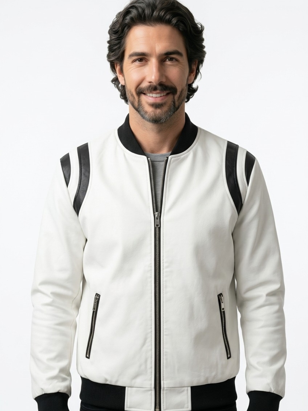 Men's White Bomber Jacket with Black Trim